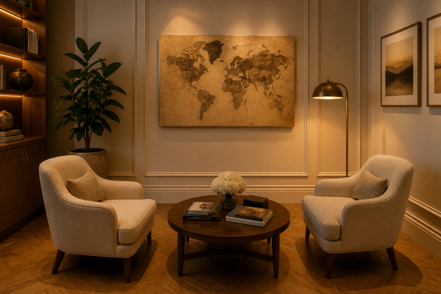 Exploremore Vacations consultation lounge with world map and seating