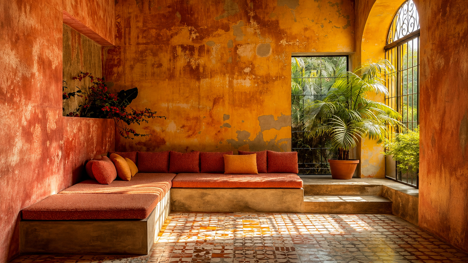 Sunlit terracotta courtyard with L-shaped seating, patterned tiles and arched windows